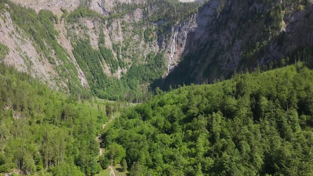 Berchtesgaden Forested Valley Walls Descending tilt-up Aerial Bavaria Germany