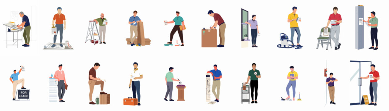 Collection of diverse men working in real estate, construction, and property management, featuring leasing agents, contractors, and inspectors in a flat vector style.