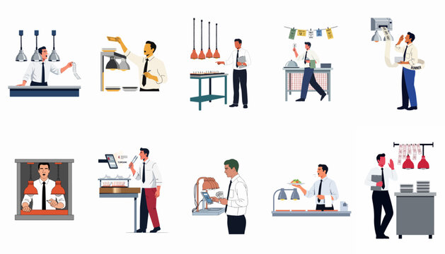 Collection of flat vector illustrations depicting restaurant staff and managers handling kitchen orders, food service workflow, and busy hospitality environments.