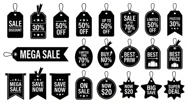 Set of black sale tags with percentage discounts and promotional messaging