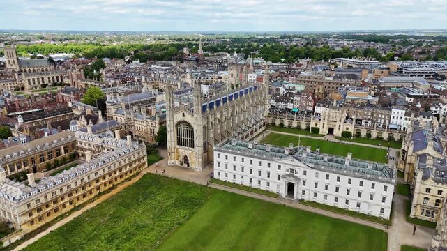 Drone shot of King's College Chapel, Cambridge city, UK