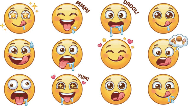 Hungry drooling emoji vector icon set with cute yellow faces licking lips craving delicious food thinking of pizza and burger on white background