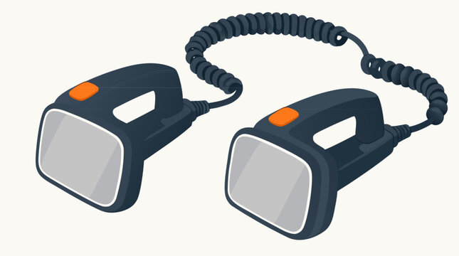 Automated external defibrillator AED shock paddles with heart rhythm pulse icon. Flat vector illustration of emergency medical equipment used for cardiac arrest and first aid life saving.