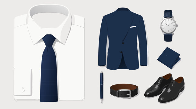 Classic blue business tie on a white collar shirt representing professional attire and corporate dress code. Flat vector illustration of formal clothing icon for job interview or office work.