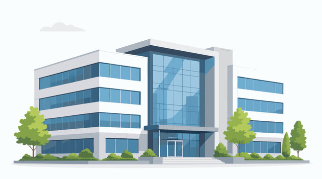 Sleek modern corporate office building exterior with glass windows and architectural design, flat vector illustration of a contemporary skyscraper on light background for commercial real estate.