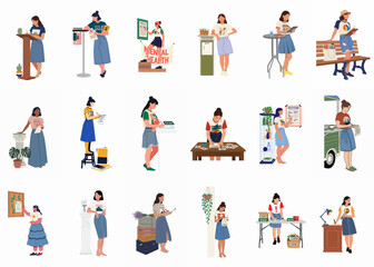 Fototapeta premium Diverse collection of female activists engaging in community work, signing petitions, and raising awareness for mental health and social causes in flat illustration style.