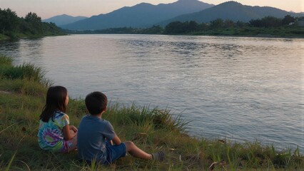 Fototapeta premium Two children sit by a river, gazing at distant mountains under soft sunset light.