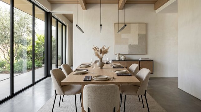 Modern Minimalist Dining Room Interior with Large Wooden Table and Floor to Ceiling Glass Windows
