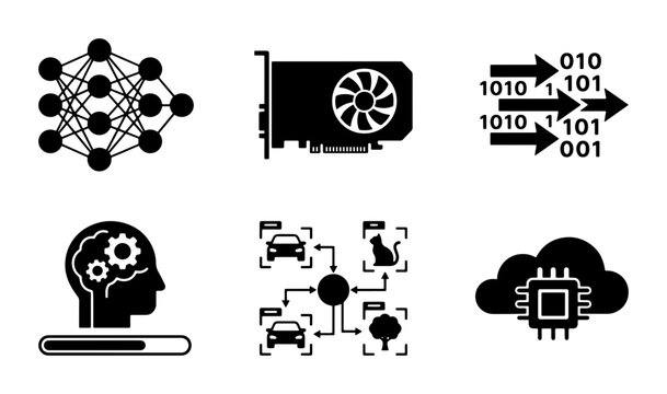 AI Technology Icons: Neural Network, GPU, Binary Data, Brain Processing, Machine Learning, Cloud Computing
