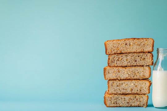 Stack of multigrain bread slices with milk against blue background