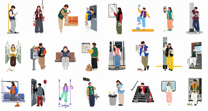 Collection of Vector Illustrations Featuring Diverse Young People in Trendy Streetwear and Varsity Jackets Engaged in Urban Activities and Commuting.