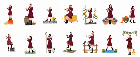Collection of vector illustrations depicting women in red dresses playing the flute in diverse autumnal and rural farm settings. © Juan