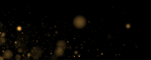 Fototapeta premium Golden glow, defocused star and sparkle with glitter dust in soft bokeh light. Festive magical particle, stardust, twinkle and highlights. Glare, sparks, flare and lens flare, vector illustration.