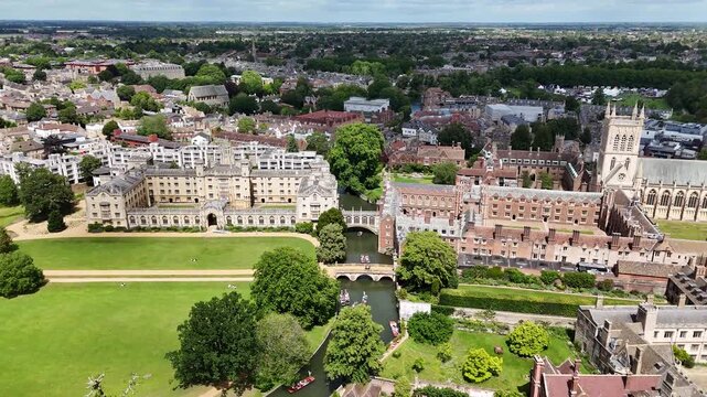 Flight over St John's College and River Cam, Cambridge city, UK