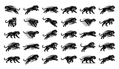 Leaping Tiger Silhouette Vector Set with Dynamic Speed Lines and Wildlife Action Icons © Nirmol