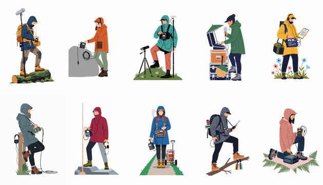 Collection of professional field recordists and sound designers with audio equipment recording in nature, flat vector illustration isolated on white.