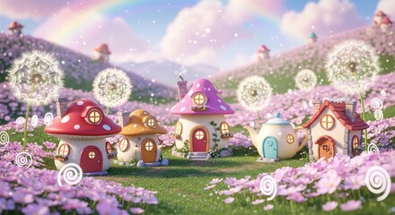 Fototapeta premium Fantasy landscape mushroom houses flowers