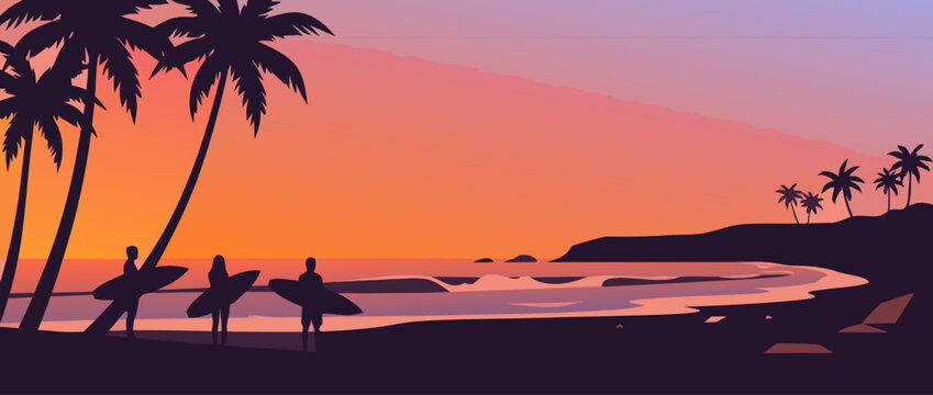 Vibrant flat vector illustration of a tropical sunset beach scene with surfers silhouettes, towering palm trees, and glowing orange sky over ocean waves, ideal for summer travel and sports.