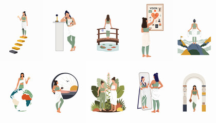 Fototapeta premium Collection of flat illustrations depicting a woman's journey through self-care, personal growth, goal setting, and achievement in a minimal aesthetic style.