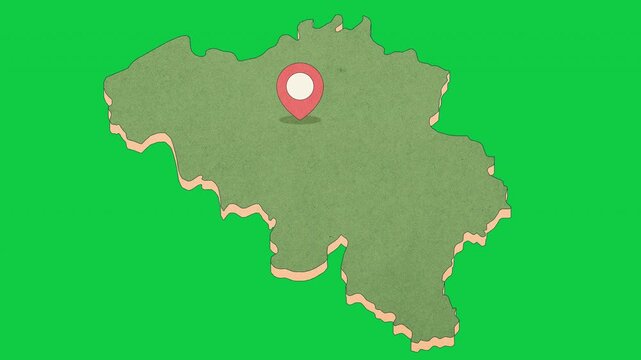 Animated Belgium Map with Bouncing Location Marker on Brussels City, Transparent Background, Alpha Channel, 4K resolution