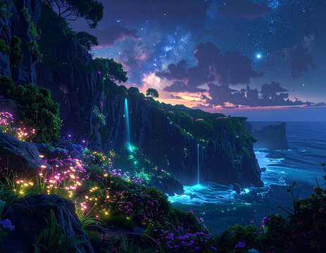 Fantasy landscape waterfalls coastline