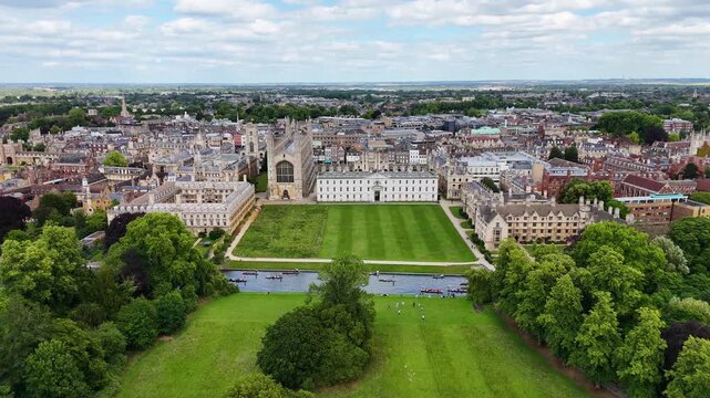 Aerial wide view facing King's College buildings across River Cam, Cambridge, UK