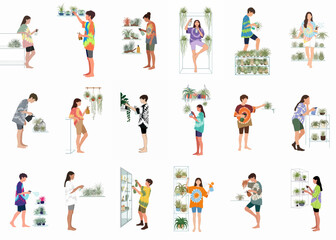 Fototapeta premium Collection of diverse young people in tie-dye clothing caring for houseplants and air plants, watering and spraying them, isolated on a white background.