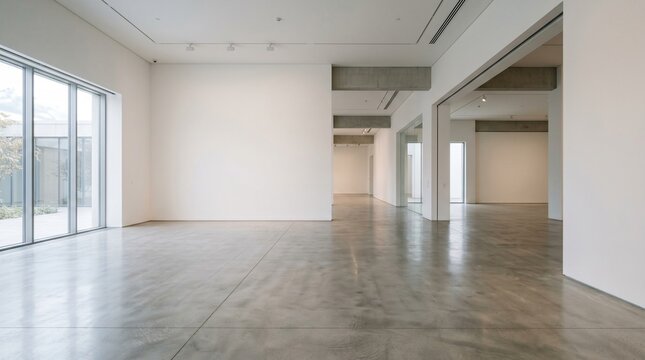 An empty, modern art gallery space with polished concrete floors and large windows, showcasing contemporary design