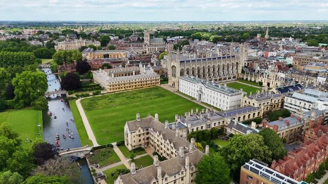 Drone shot of historic university core and River Cam, Cambridge city, UK