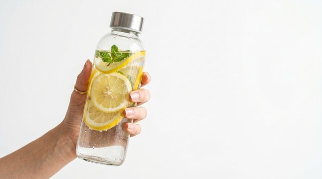 Person holding a refreshing beverage bottle with lemons and mint