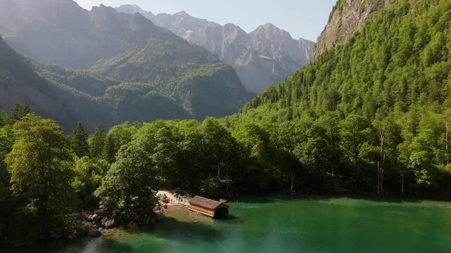 Konigssee Boathouse Emerald Lake Aerial Approach Berchtesgaden Germany