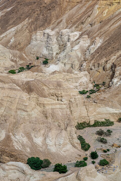 View of the Judean Desert mountains from an official viewpoint above the Dead Sea in Israel.
