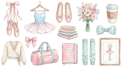 Watercolor Ballet Lifestyle Clipart Collection. Elegant Dance Essentials Cozy Accessories and Feminine Pastel Elements. Collection of Vector illustrations for invitation, card, poster, banner, decor © maria