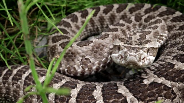Macro view of rattlesnake flicking tongue while coiled in green grass.
