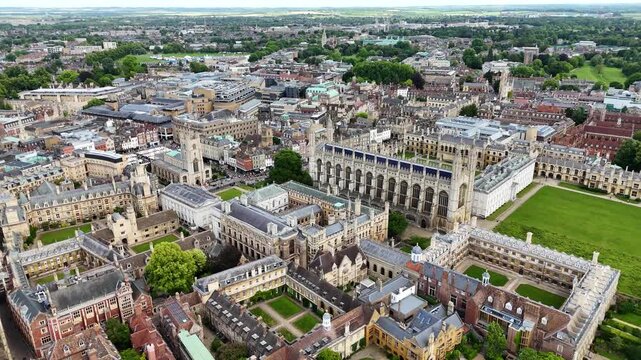 Aerial view over historic university landmark buildings, Cambridge city, UK