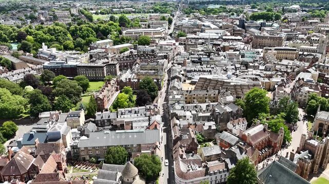 Flight over Bridge Street in city center, Cambridge city, UK