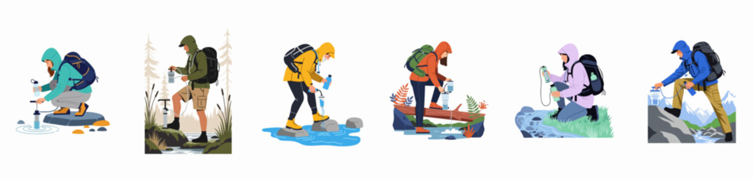 Collection of six illustrations of hikers and backpackers using portable water filtration systems to purify water from natural sources in the wilderness.