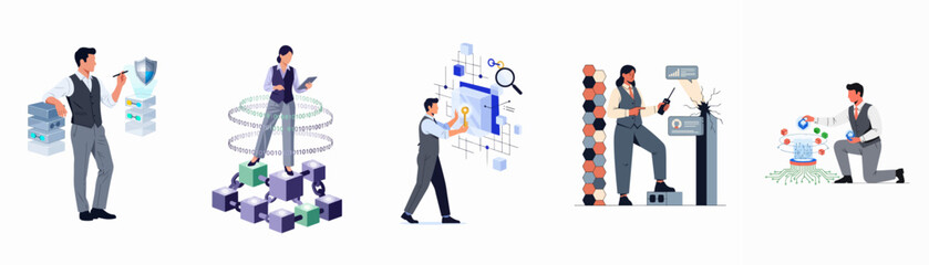 Set of vector illustrations representing various cybersecurity, blockchain, data management, and digital technology concepts with professional characters. © Juan