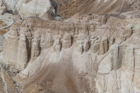 View of the Judean Desert mountains from an official viewpoint above the Dead Sea in Israel.

