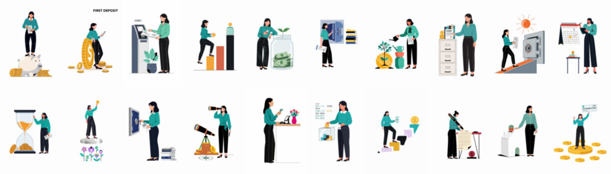 Comprehensive collection of illustrations depicting a woman managing personal finances, savings, investments, and retirement planning in a modern flat design style.