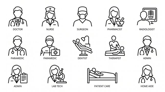 Line‑style healthcare icons&mdash;doctor, nurse, surgeon, pharmacist, therapist&mdash;arranged in a clean grid, symbolizing diverse medical roles, patient care, and professional support within the healthcare syst