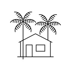 Logo agencia de viajes. Vacaciones de verano. Dibujo minimalista con líneas de una casa de playa con dos palmeras  © teracreonte