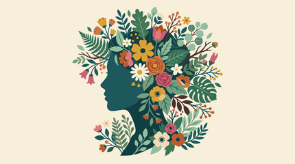 Obraz premium Floral woman head, silhouette profile, flowers in hair, green silhouette, colorful illustration