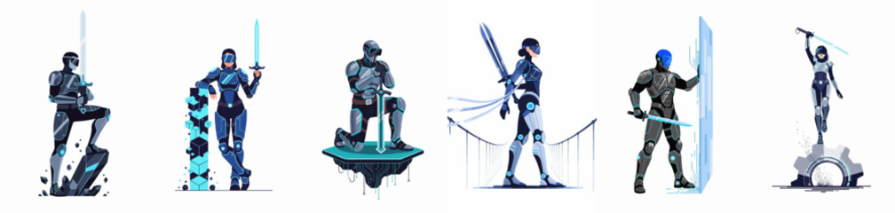 Naklejka premium Set of futuristic sci-fi warriors and metaverse avatars in advanced armor wielding digital swords, isolated on white background for gaming and technology concepts.