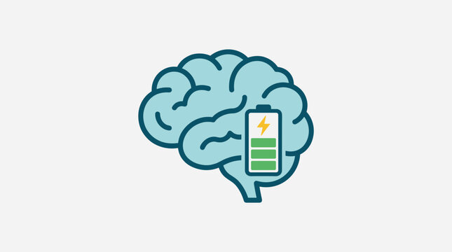 Brain, low battery, mental health, vector icon, flat design, blue, green, thinking, psychology, symbol