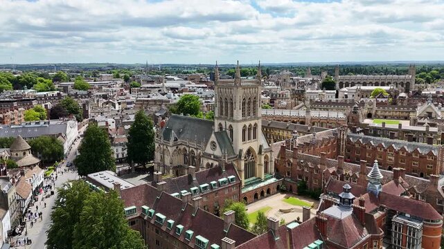 Aerial view of St John's College Chapel, Cambridge city, UK
