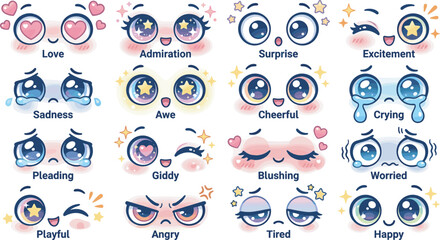 Cute kawaii anime cartoon eyes expression vector set with happy love crying sad angry blushing and cheerful emotions isolated on white background