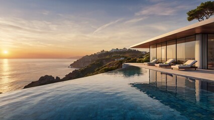 Fototapeta premium Luxury Modern Villa Featuring a Stunning Infinity Pool Overlooking the Ocean at Golden Sunset