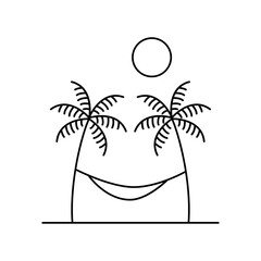 Logo agencia de viajes. Vacaciones de verano. Dibujo minimalista con líneas de una hamaca a la sombra entre dos palmeras con el sol superior  © teracreonte