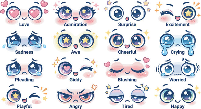 Cute kawaii anime cartoon eyes expression vector set with happy love crying sad angry blushing and cheerful emotions isolated on white background
